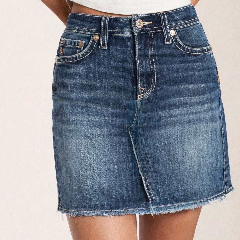 Silver Jeans Devah Denim Skirt Size 32 Distressed V Split Mini Raw Hem NWOT